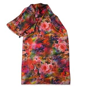 Artsy Psychedelic Floral Women Scarf Wrap Multicolor Silk Wool Acrylic Blend